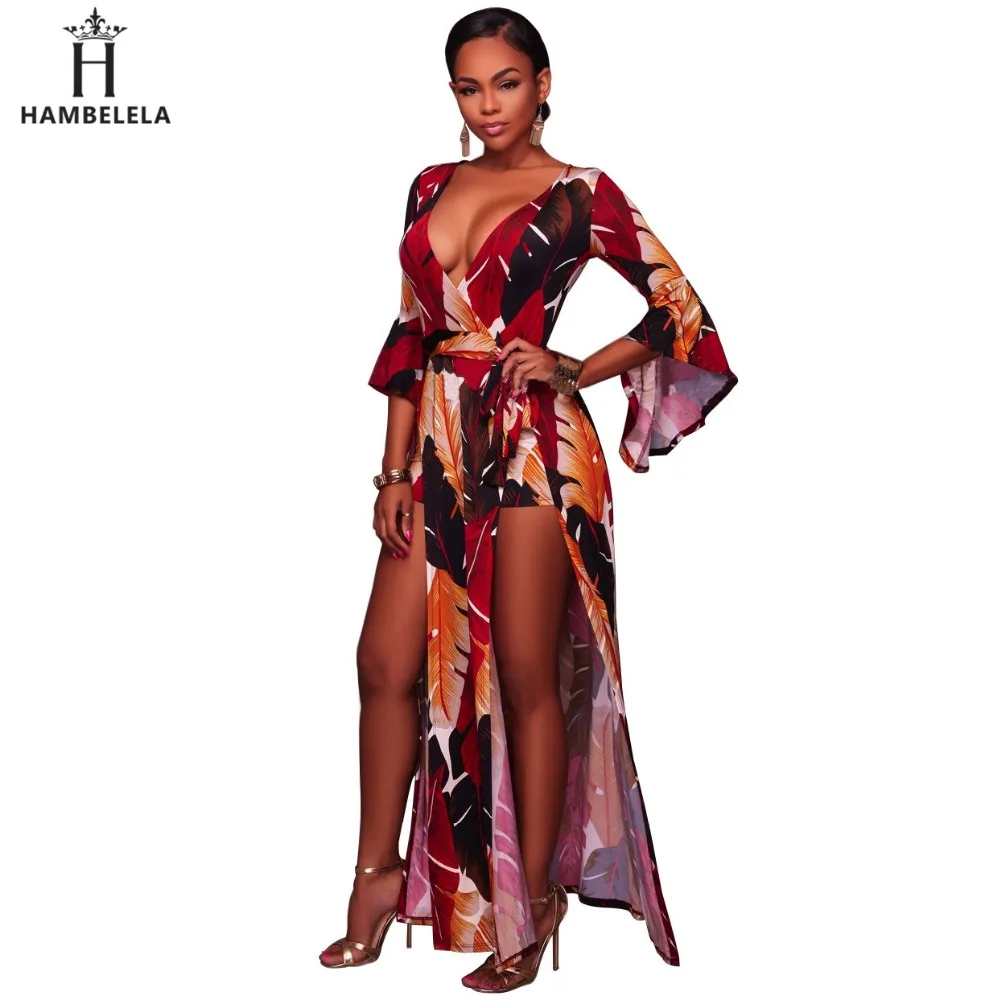 

Hambelela New Arrival Women Dress Party Body Combinaison Sexy Floral Prints Split Long Dress Romper Shorts Autumn Maxi Dress