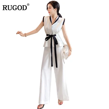 

RUGOD 2019 Elegant White Pants Suit Women Fashion Belted T Shirt + Long Side Split Wide Leg Pants Summer 2 Two Piece Tracksuits