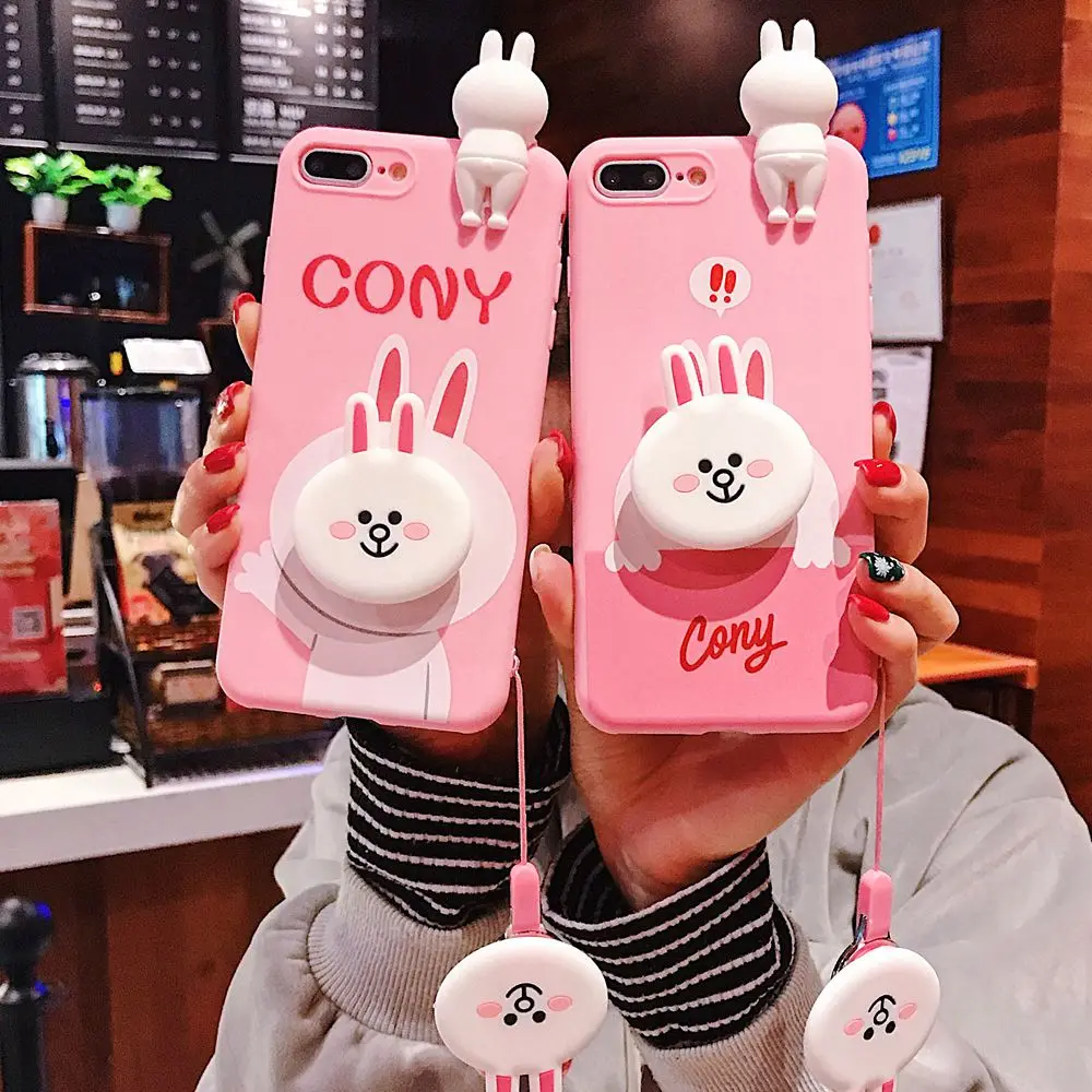 

Cute Japan Cony Rabbit Pink Phone Case For iPhone 8 7 6 6s Plus X XS Max XR Soft 3D Cartoon Doll Toys Stand Lanyard Back Cover