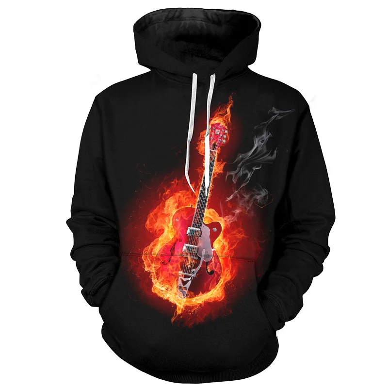 

YOUTHUP Newest Men's 3d Hoodies Cool Fire Guitar Printed Full Print Hooded Pullovers Male Autumn Spring Black Hoodies Sweatshirt