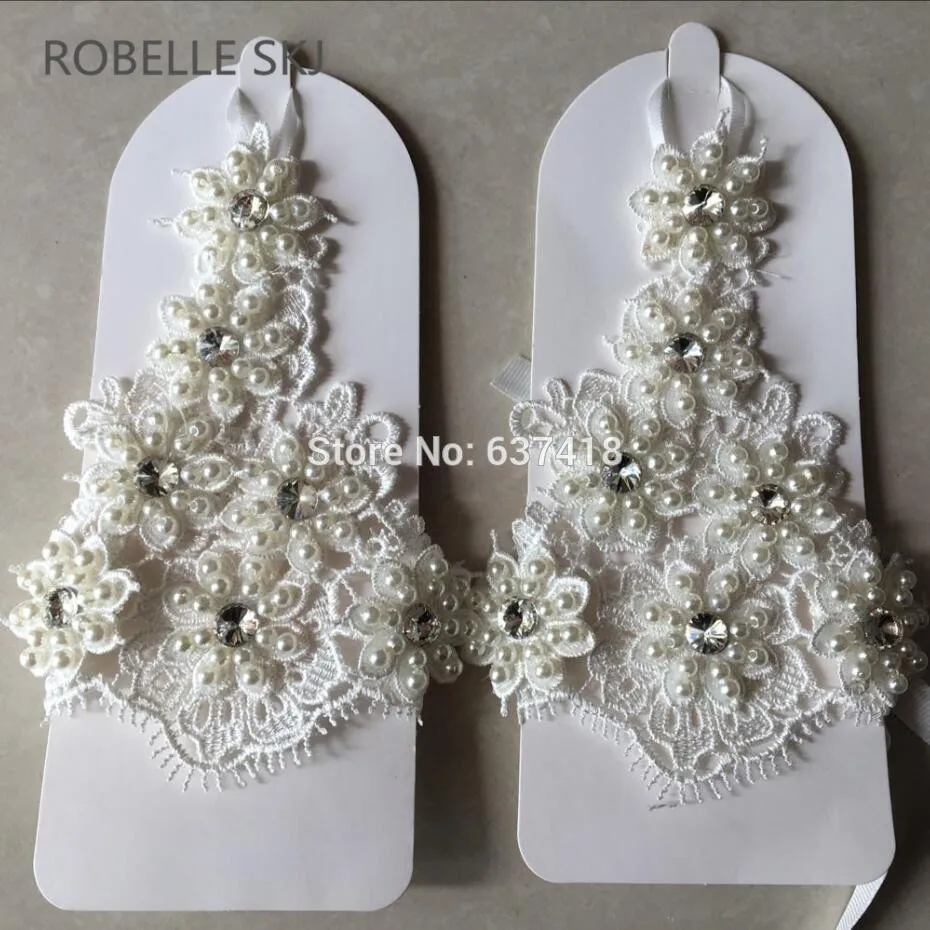 

Short New Wedding Dresses Gloves Hot Selling Bridal Gloves Ivory with Lace Pearl Beads Crystals Gants Mariage Femme Real Image
