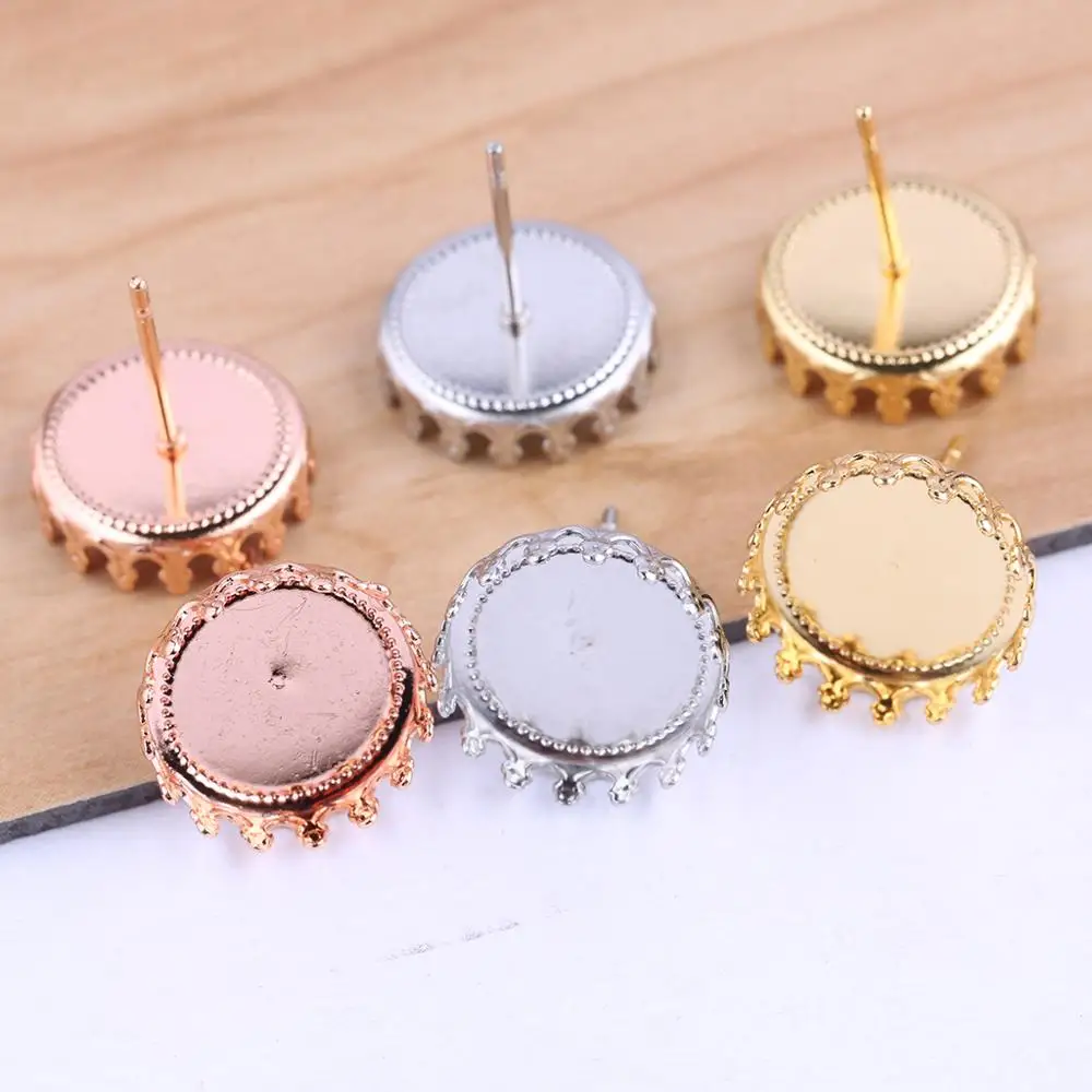 

onwear 10pcs Stainless steel rose gold 12mm cabochon stud earring base blank tray settings diy post earrings bezel accessories