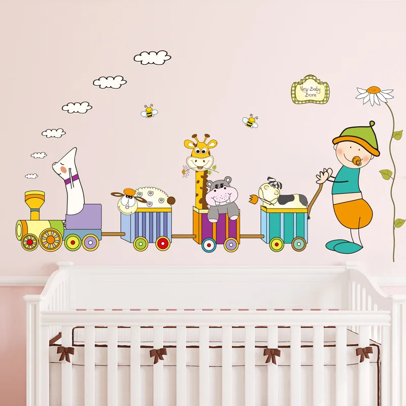 Cartoon Animal Train Wall Stickers for Children room Bedroom Kindergarten Wall Decoration Art Wall Decals Murals Wallpaper dc8