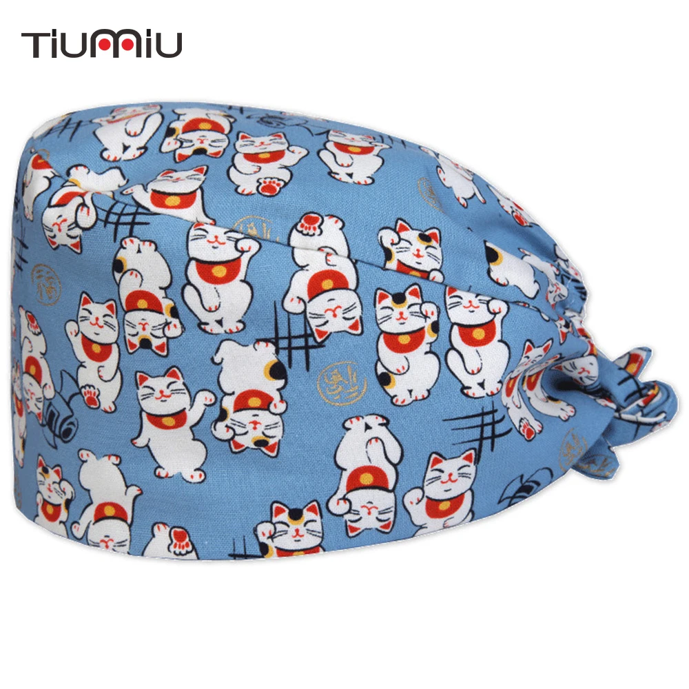 

Adjustable Cute Cat Printing Cotton Surgical Caps Medical Hat Men Women with Sweatband Hospital Pet Doctor Hats Medical Caps