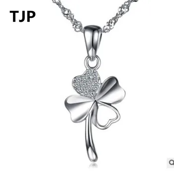 TJP Cute Clover Style Crystal Pendants Necklace For Women Wedding Party Pure 925 Sterling Silver Lady Choker Necklaces Accessory