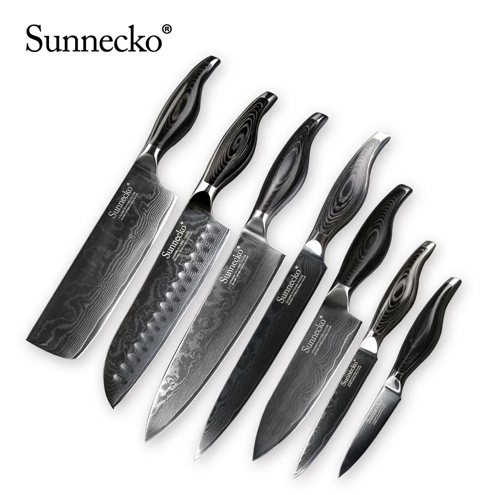 Sunnecko ножи из дамасской стали Комплекты повар шеф-повар мясо Тесак утилита Santoku для очистки овощей нож для нарезания Кухня Ножи набор с деревянными ручками - Цвет: 7pcs Knife Set A