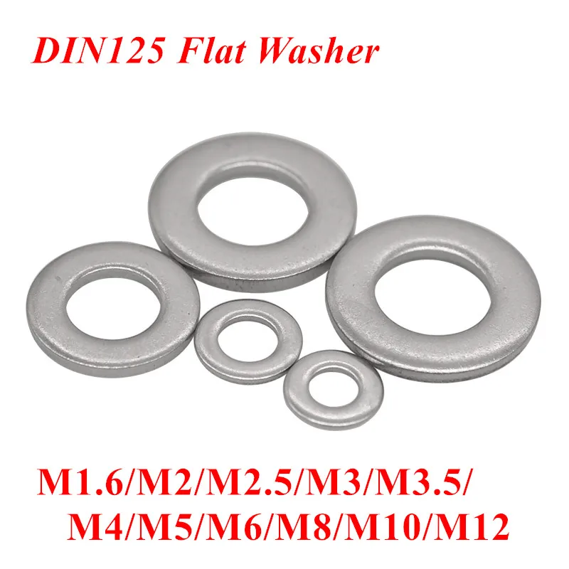 DIN125 304 плоские шайбы из нержавеющей стали M1.6 M2 M2.5 M3 M3.5 M4 M5 M6 M8 M10 A2 простая машинная
