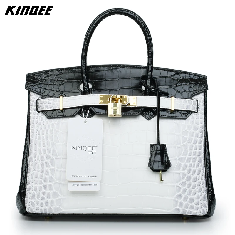 

30CM Genuine Leather Handbag Women Casual Tote Cow Leather Crossbody Shoulder Bags Alligator Patchwork Luxury Designer Quality