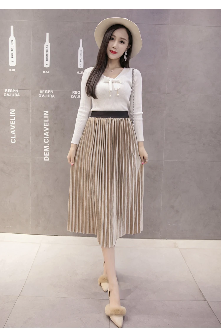 pleated midi skirt New 2019 Autumn Winter Elastic High Waist Skirt Solid Casual Pleated Skirts Womens Striped Jupe Femme Velvet Saias Midi Skirt cute skirts