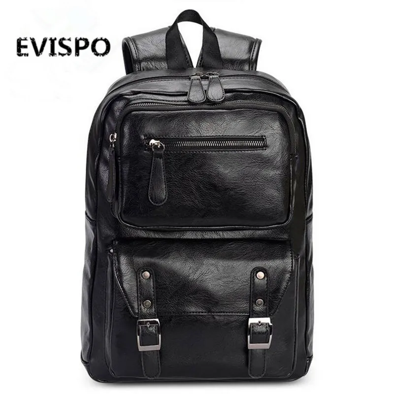 EVISPO Leather Men's Backpack Male Bookbag Black Waterproof Mochila