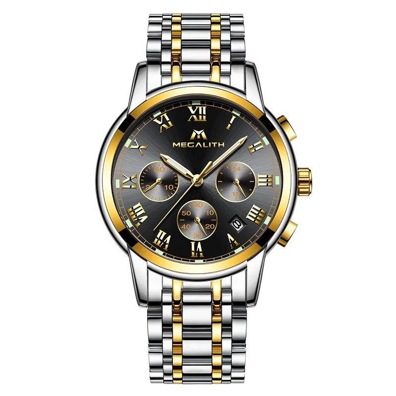 MEGALITH часы для мужчин модные повседневные кварцевые часы для мужчин ремешок из натуральной кожи Бизнес водонепроницаемые часы для мужчин Relogio Masculino - Цвет: black gold steel