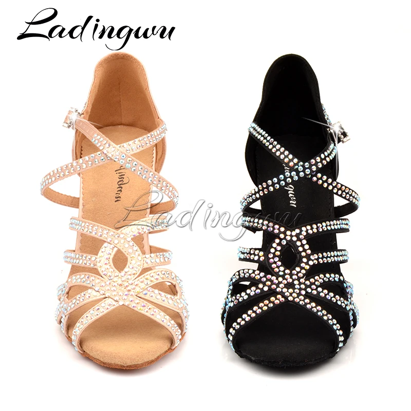 Ladingwu New Arrival Latin Dance Shoes Double Rhinestone Shining Skin Black Satin Women Ballroom Dancing Shoes Cuba Heel 9cm