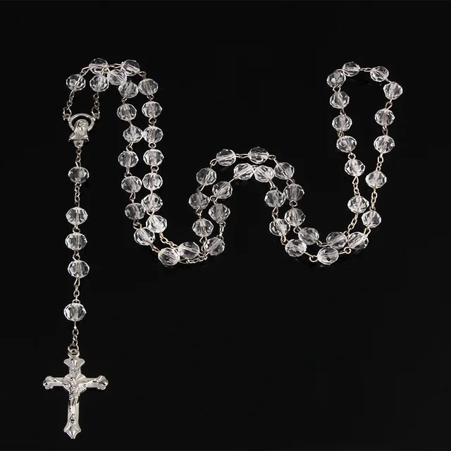 Collier chapelet à la mode pour femmes, 8mm, haute qualité, bricolage, croix de jésus chrétienne, pendentif, longue chaîne, bijoux 1