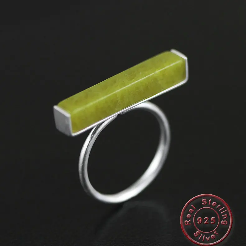 

Amxiu Natural Green Olive Stone Open Ring 925 Silver Adjustable Rings For Women Girls Party Holiday Accessories Finger Jewelry