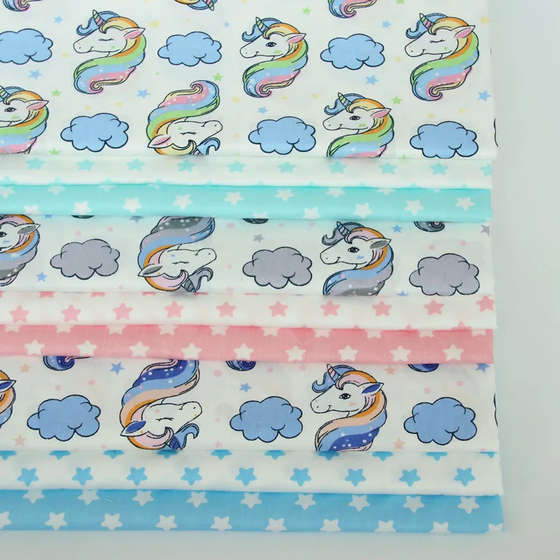 

100% cotton twill cloth BLUE AQUA GRAY BLUE color unicorn clouds stars fabric for DIY bedding cushion patchwork handwork decor