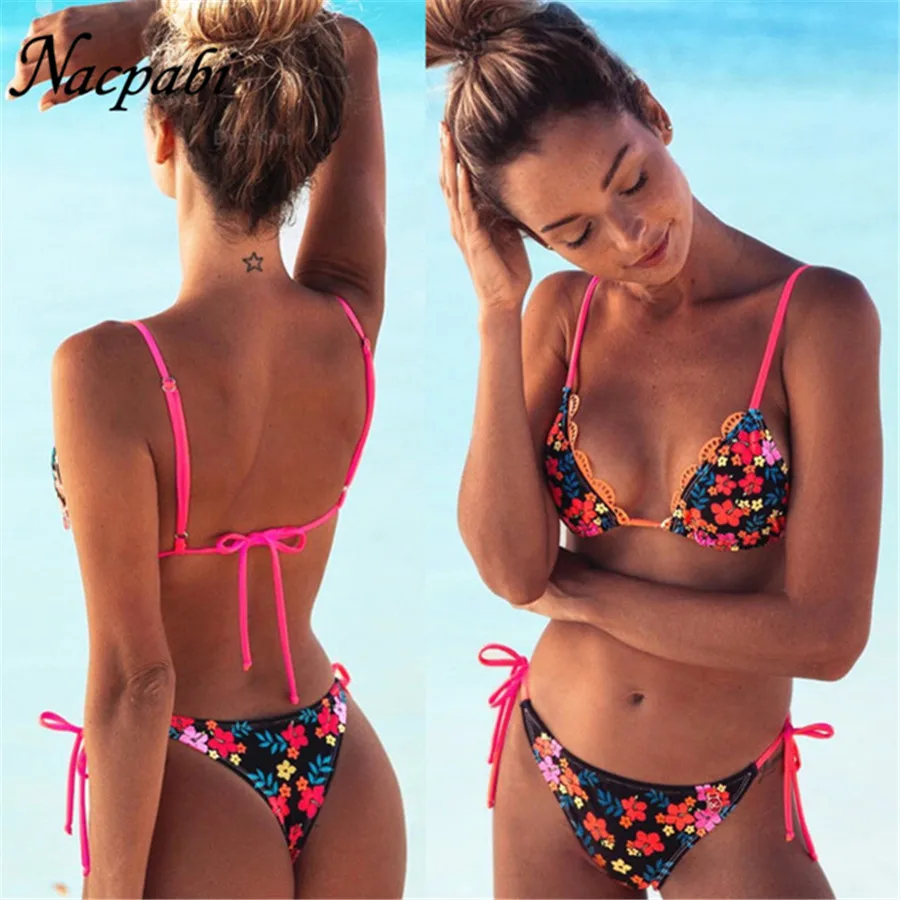 

New Flower Print Swimwear Bikinis 2019 Mujer Triangle Bottom Swimsuit Push Up Sexy Summer Bathing Suit Halter Top Two-Piece