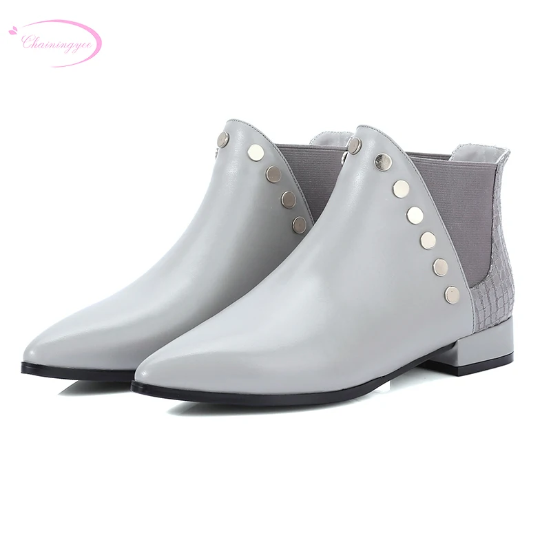 

Chainingyee casual style sexy pointed toe real leather ankle boots elastic rivet gray black low heel women's motorcycle boots