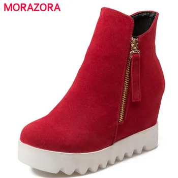 

MORAZORA 2020 Autumn new arrive ankle boots solid height increasing boots for women zipper PU platform boots party
