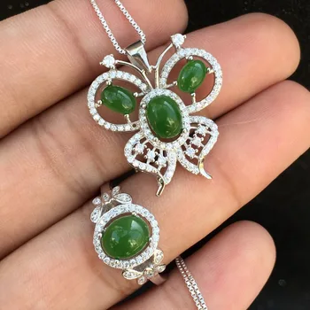 

MeiBaPJ Classic Natural Nephrite Jade Gemstone Butterfly Jewelry Set 925 Sterling Silver 2 Siut Fine Jewelry for Women
