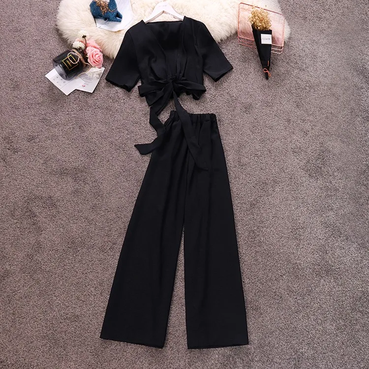 

Women Suits Chiffon V-Neck Lace-up Solid Cardigan Short Tops+Elastic Waist Wide-legged High Waist Long Pants 2-pieces Sets