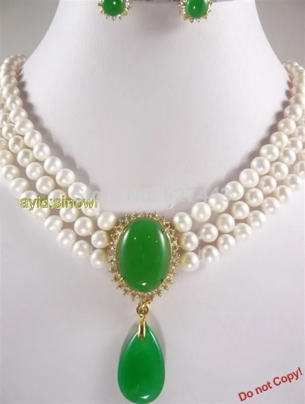 

Wholesale Set 6-7mm White Pearl & Green Jade Necklace Earrin (A0423) -Bride jewelry free shipping