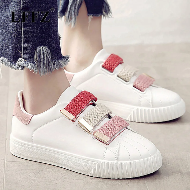 

Hook Loop Women Shoes Breathable White Shoes Mixed Colors Fabric Fashion Shoes Sewing Rubber Sneakers Women Non-slip Zapatos