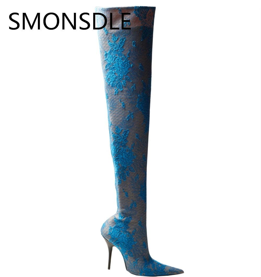 

2018 New Spring Autumn Women Lace Over The Knee Boots Pointed Toe Slip On Thin High Heels Ladies Party Shoes Woman