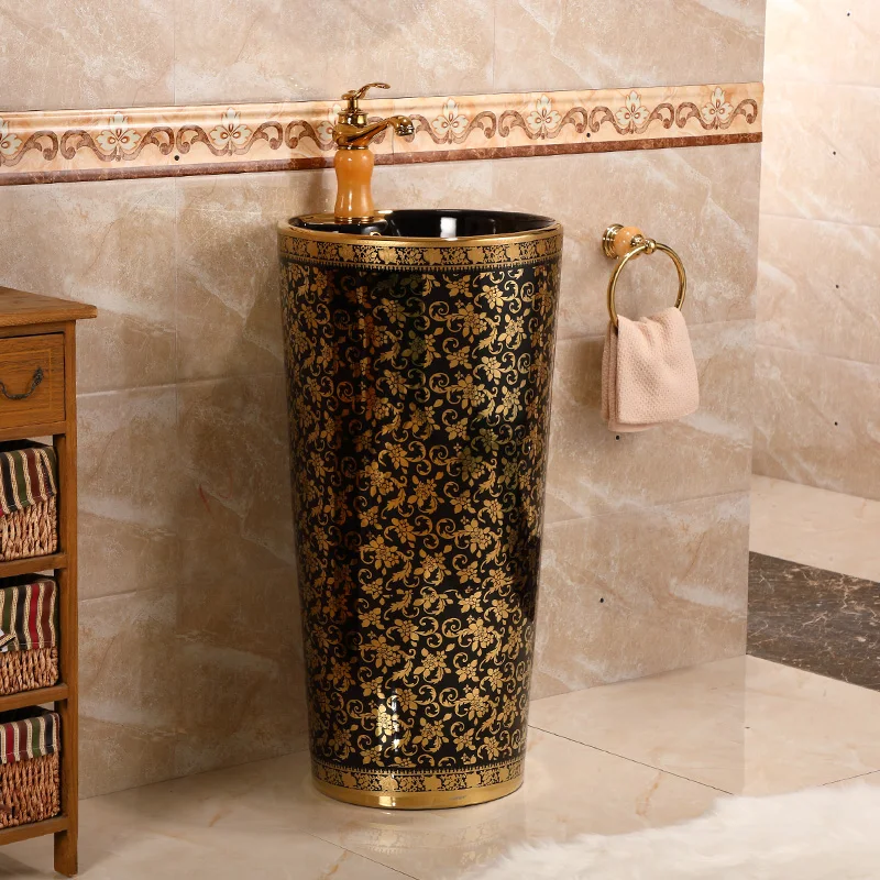 

Ceramic Pedestal Washbasin Balcony Floor Bathroom Vertical Pole Basin Household gold pattern Vanity Wash Sink