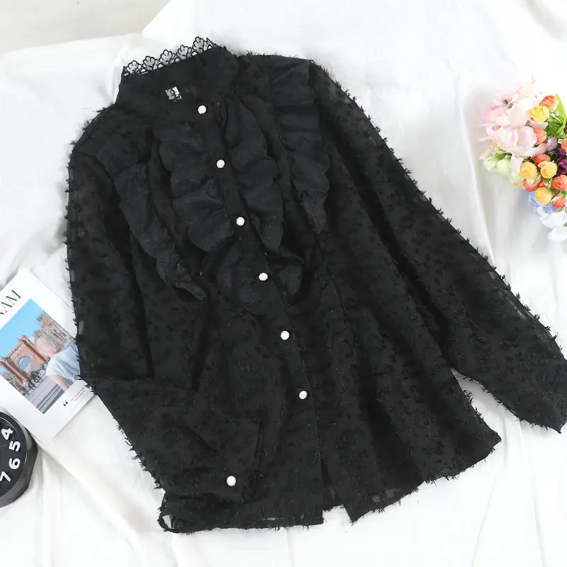 Women Shirts Сладкий женский Кардиган с длинным рукавом, стоячим воротником и кружевными цветочными пуговицами, винтажная женская Свободная блузка с высокой талией и оборками, топы - Цвет: Women Shirts