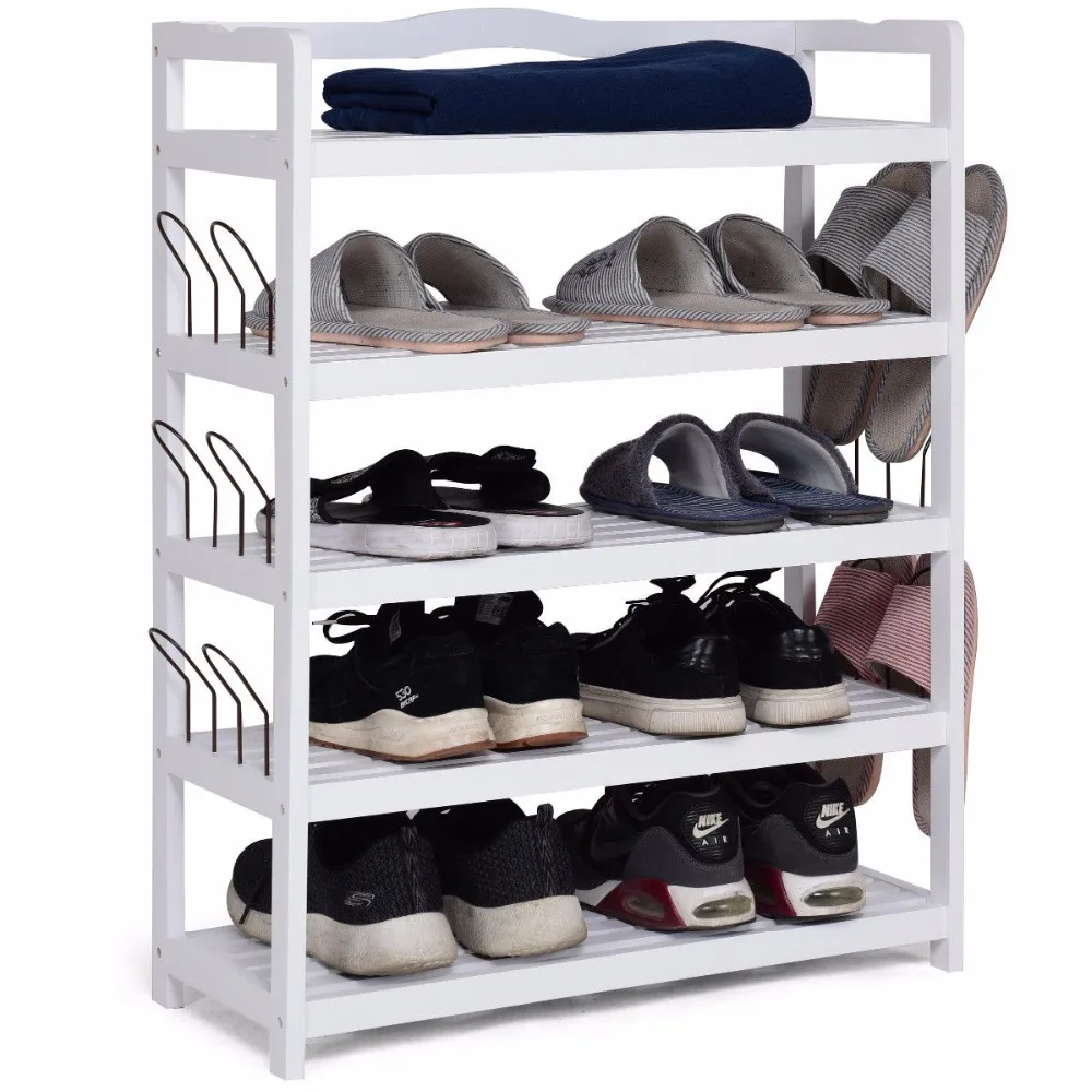 Giantex 5-Tier Wooden Shoe Rack Shelf Storage Organizer Entryway W/ Shoe Stretcher White Living Room Furniture HW57486WH