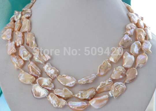 

~~ Free Shipping >>3row 20mm PINK BAROQUE KESHI REBORN biwa PEARL NECKLACE