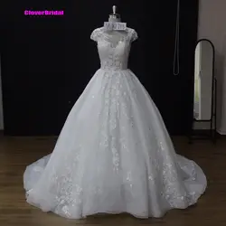 Cloverbridal Жемчуг Блестки Камни из бисера 3d хлопок кружево халат De mariée Princesse 2018 хорошее качество глубокое круглое декольте