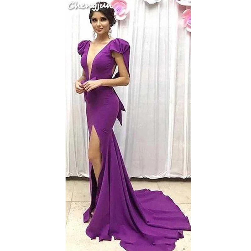 

Chengjun Modest Girl Purple Elegant Prom Evening Dresses