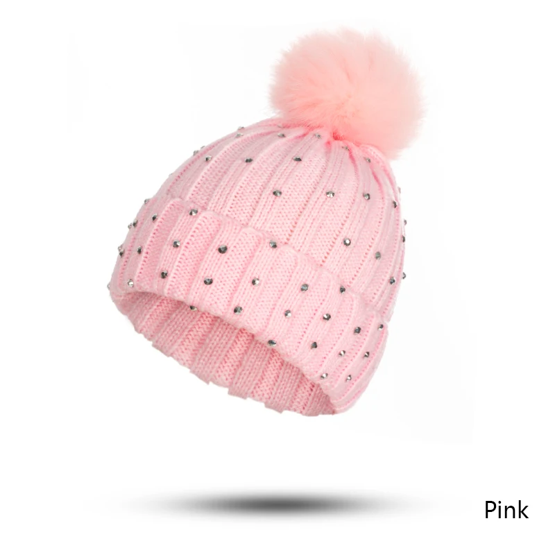 REAKIDS/Новинка года; детская теплая зимняя Лыжная шапка «кроше» для маленьких мальчиков и девочек; вязаная шапочка; хлопковая шапка с помпоном; модная детская шапка - Цвет: Pink