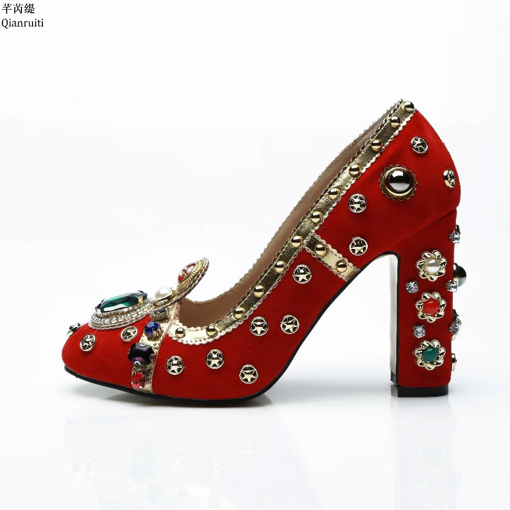 

Qianruiti Red Suede Block Heels Women Shoes Bling Studded Rhinestone High Heels Wedding Shoes Round Toe Slip-on Women Pumps