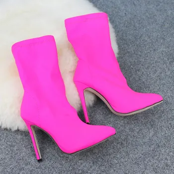 

Size 35-43 High Heel Socks Boots Women shoes Pointed Toe Elastic Boots Candy Color Cloth Boots Thin High Heels Women Shoes Pumps