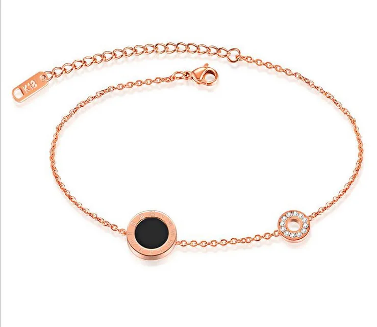

1Pcs Fashion Rose Gold Stainless Steel Rome Number Round CZ Drop Chain Anklet