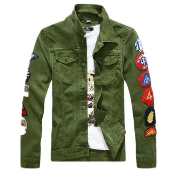 

Mcikkny Men Fashion Denim Jackets And Coats With Patchwork Badge Slim Fit Jeans Jacket Single Breasted Size M-3XL Green White