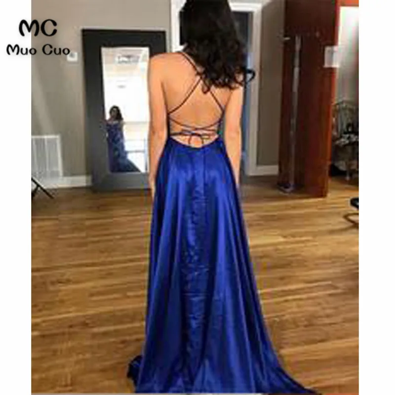 Blue Satin A-Line Backless Split Long Prom Dress with Sweep Train4s
