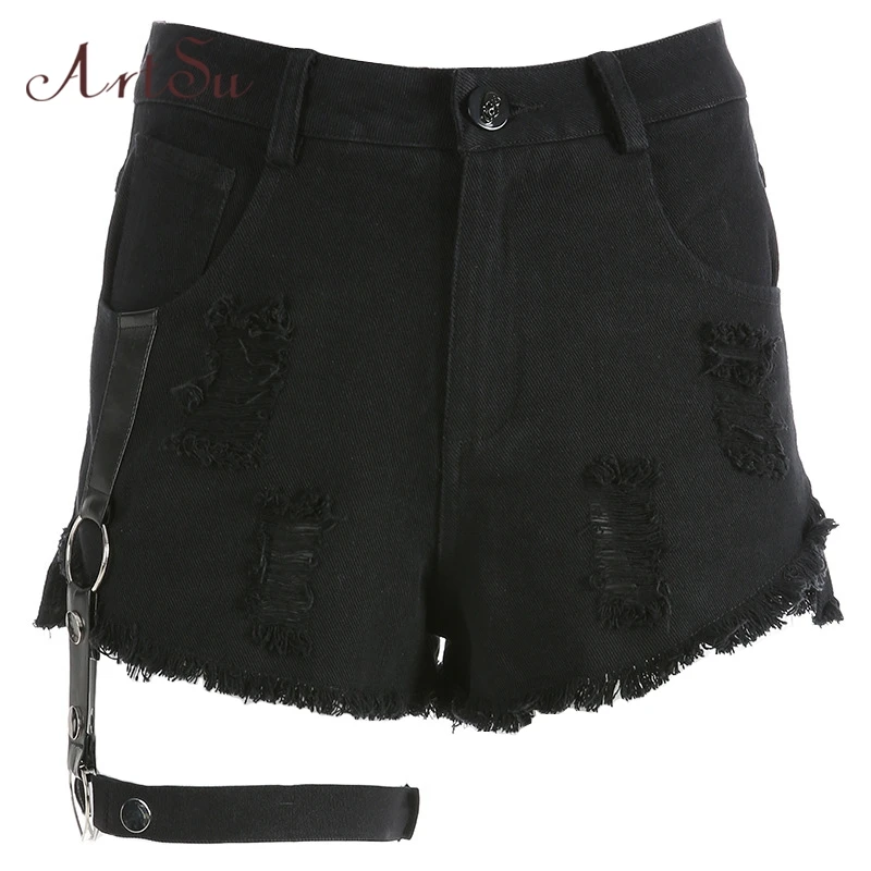 

ArtSu Casual Summer Fashion Denim Shorts Black Femme Patchwork Bandage Short Pants Women Punk Mini Shorts Streetwear ASSH20088