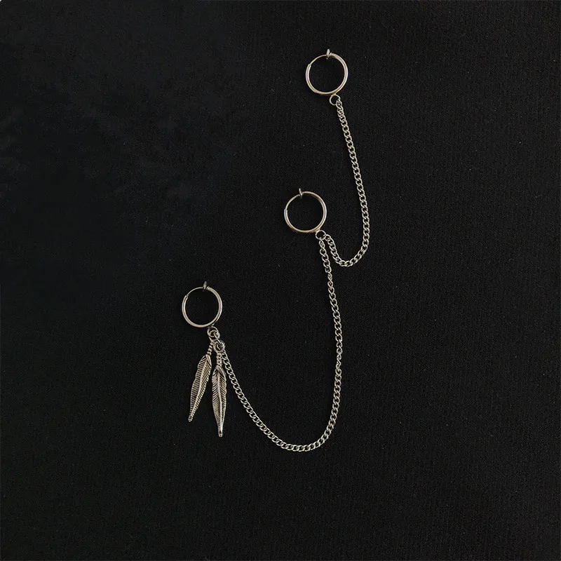 

2 pcs Punk Silver Layers Tassel Chain Feather Ear clip Stud Earrings For Women Girl Ear Piercings Jewelry Accessories Decoration