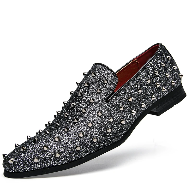 men's spike dress shoes italian silver gold slip on rhinestone loafers 2017 luxury brand unique cool male studded footwear flats (28)