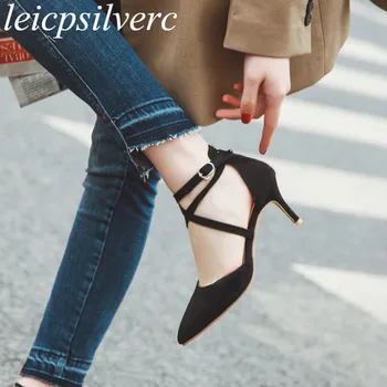 

Women's Sandals High Heels Flock Pointed Toe Thin Heels 2019 New Sexy Fashion Spring Summer Party Wedding Black Big Size 34-43
