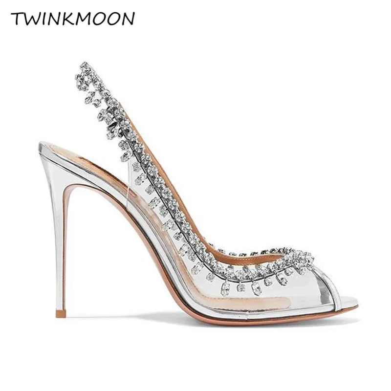 crystal clear high heel shoes women luxury open toe slingback rhinestone silver