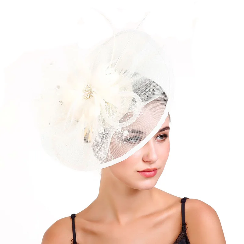 FGHGF Fascinators Шапки для Для женщин цветок сетка ленты перо оголовье дамы Hairclip девушка Race Дерби Свадебные Чай вечерние Головные уборы