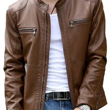 Мужские кожаные куртки, мужские пальто со стоячим воротником, Мужская мотоциклетная кожаная куртка, Повседневная тонкая брендовая одежда