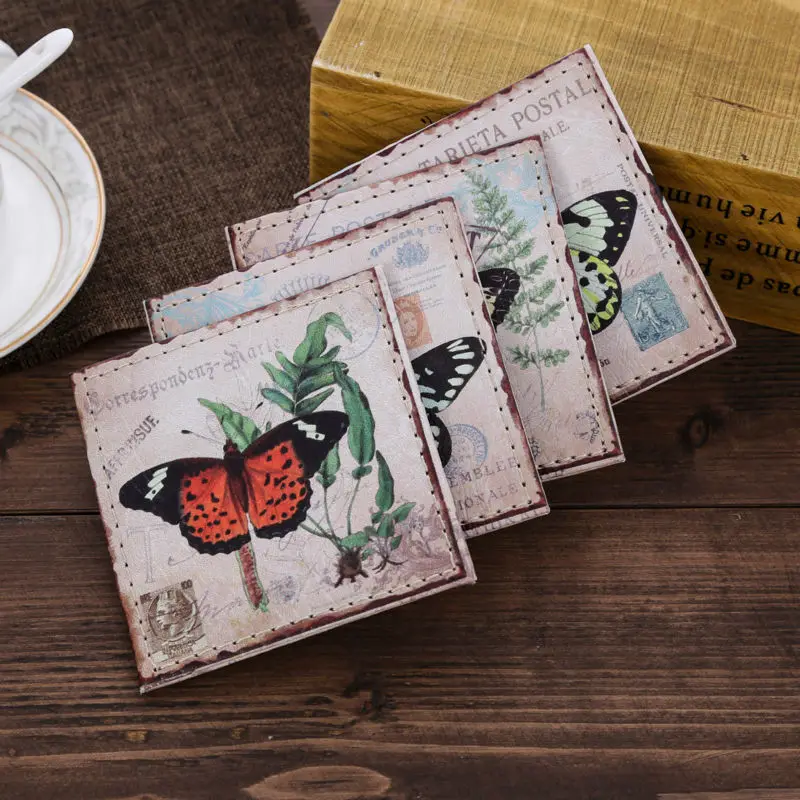 

LINKWELL Set of 4 10x10cm Vintage Butterfly French Country Herb Green PU Leather Bar Coaster Table Cup Holder Drink Placemat Mat