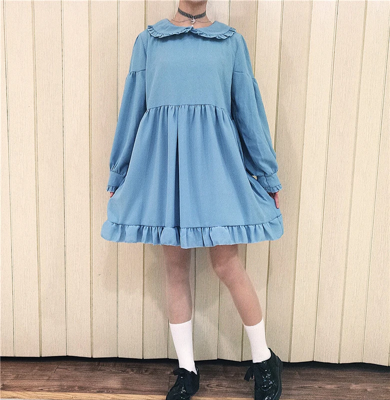 Женское короткое милое платье весна-осень,мини платье японского стиля"Лолита",кавайное платье с оборками и длинным рукавом,черного,розового и голубого цвета