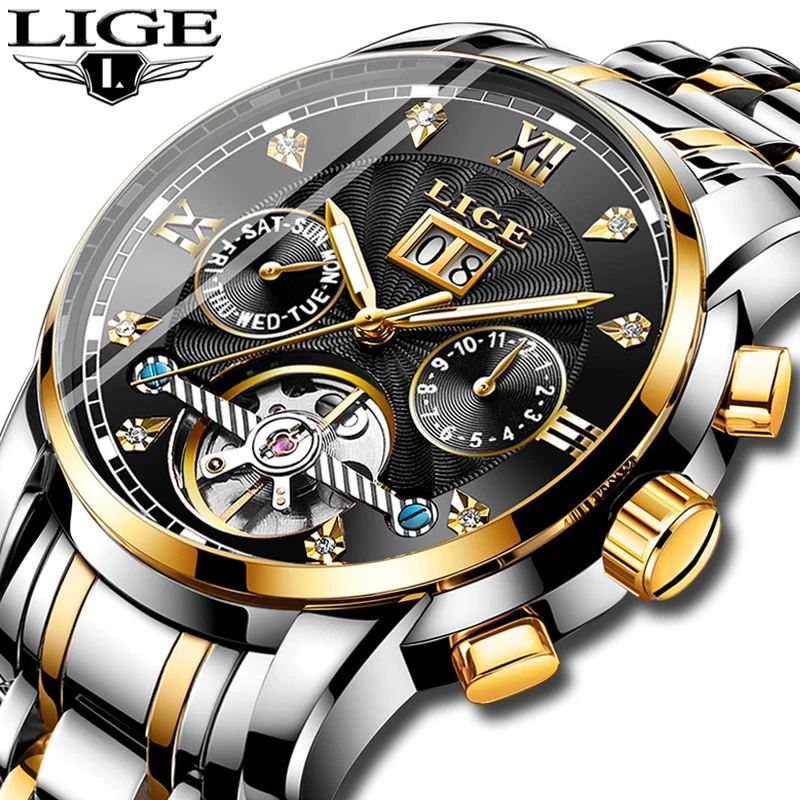 

LIGE Men Watch Mechanical Tourbillon Luxury Fashion Brand Stainless Steel Sports Watches Mens Automatic Watch Relogio Masculino