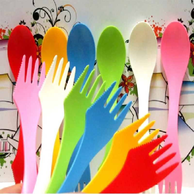 

6pc/lot Multifunction Candy Color 3 in 1 Durable Plastic Spoon Fork Knife Cutlery Set for Kitchen Utensils Spork Tableware DCS